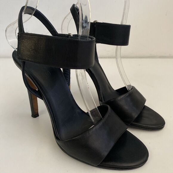 Vince Genna Sandal Black Leather Open Toe Two Double Strap Ankle Heel 37… - Picture 2 of 8